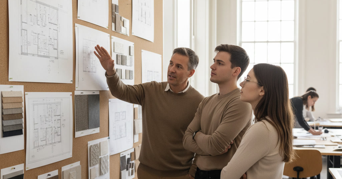 An instructor points at a floor plan on a studio pin-up board while three interior design students look on, with material swatches and elevations pinned around it.