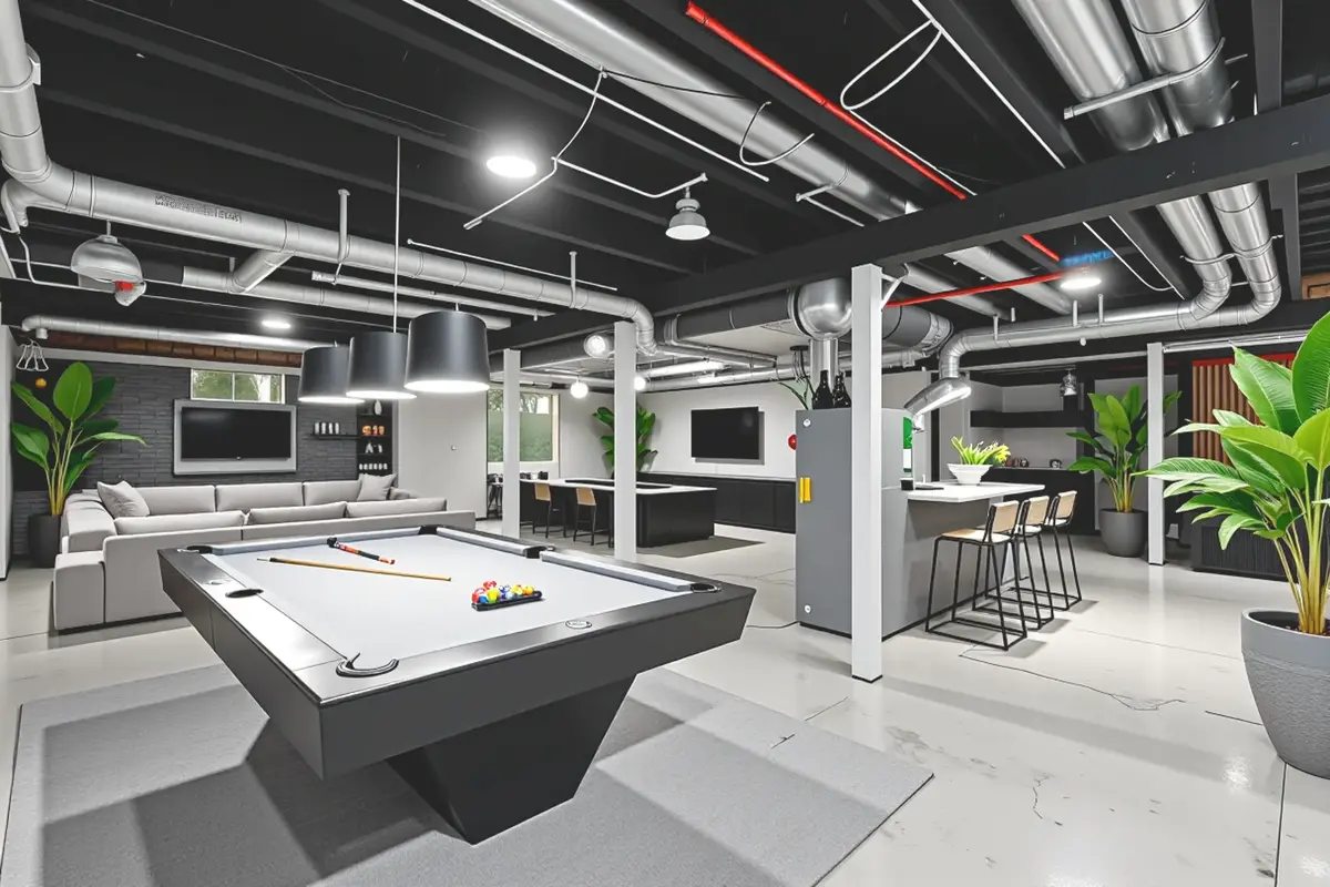 Modern basement entertainment area