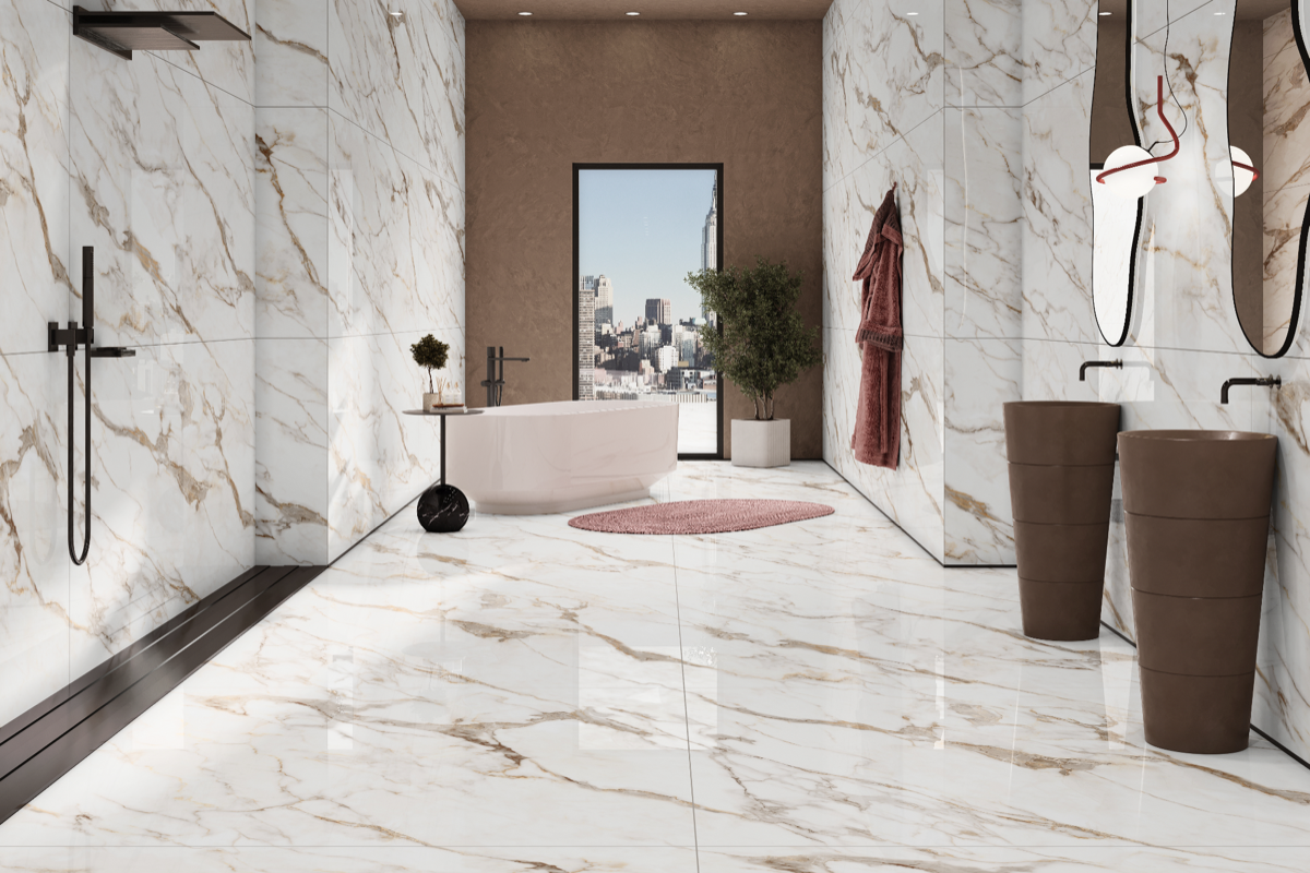 Modern bathroom with natural stone and city views