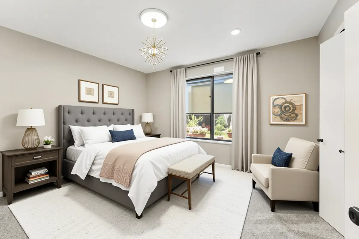 Modern bedroom with neutral tones and minimal furniture