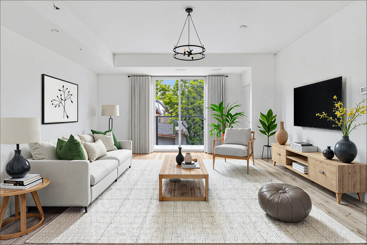Sustainable living room with natural light and plants