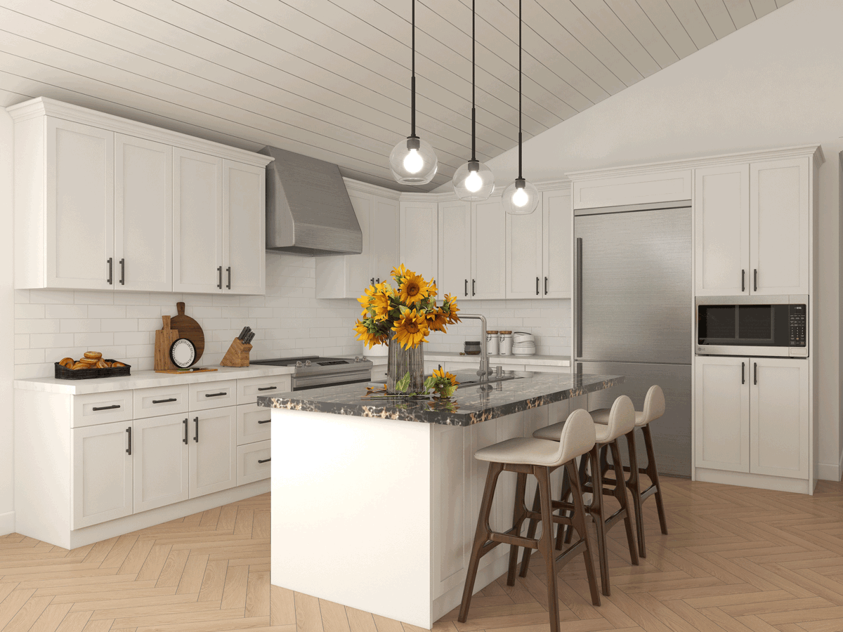 Modern white kitchen with island and pendant lighting
